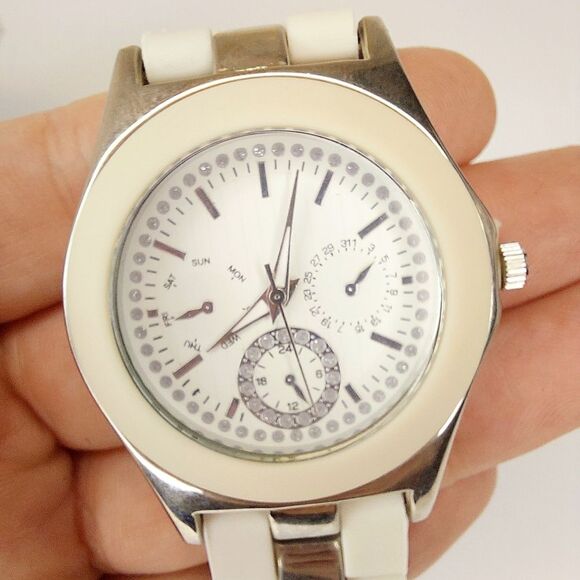 Accutime Ivory Silicone Faux Chronograph Watch w/ Crystal Accents - 8" B… - Picture 2 of 8